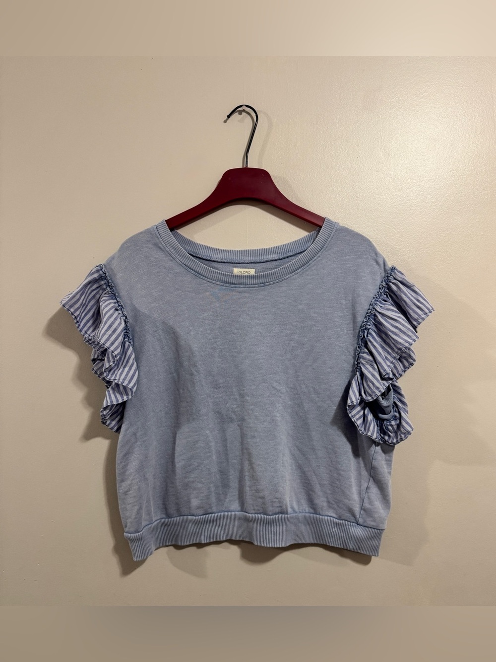 Pilcro Blue Ruffle Sleeve Sweatshirt Top Striped Boho Feminine Size L